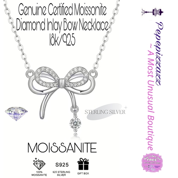 💎CERTIFIED MOISSONITE Diamond Inlay Bow Necklace 18kg/925 sterling silver GRA - Picture 4 of 16